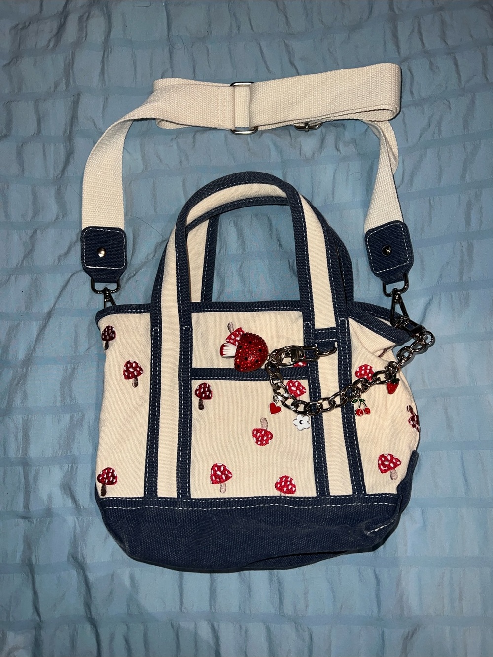 Madden Girl Cream Canvas Tote with Navy Trim & Red Mushroom Accents